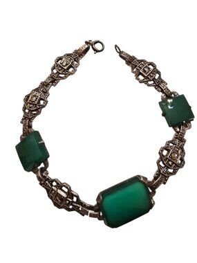 Antique Sterling Marcasite Chrysoprase Bracelet (A9737)